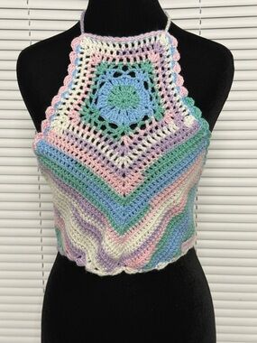 Crochet Halter Crop Top in Pastel Multi - color